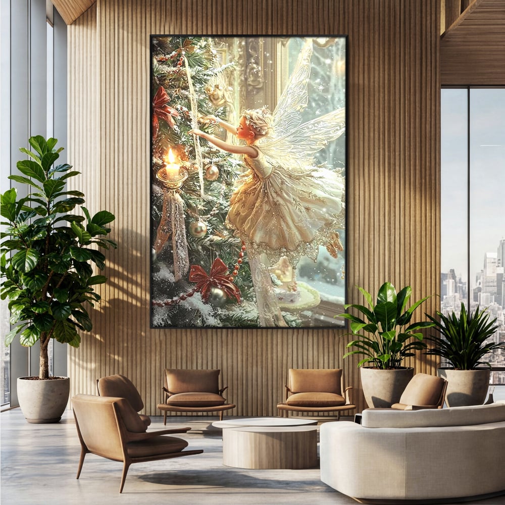 Tablou canvas cu pictura cu zana printre crengile bradului, in rama de aluminiu negru, pe perete intr-un birou